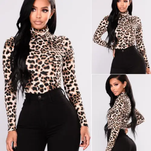 Top da donna con stampa leopardata camicetta a maniche lunghe con collo alto camicetta Basic allentata camicetta Mujer