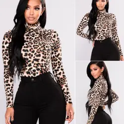 Blusa holgada de manga larga con estampado de leopardo para Mujer, blusa básica con cuello de tortuga