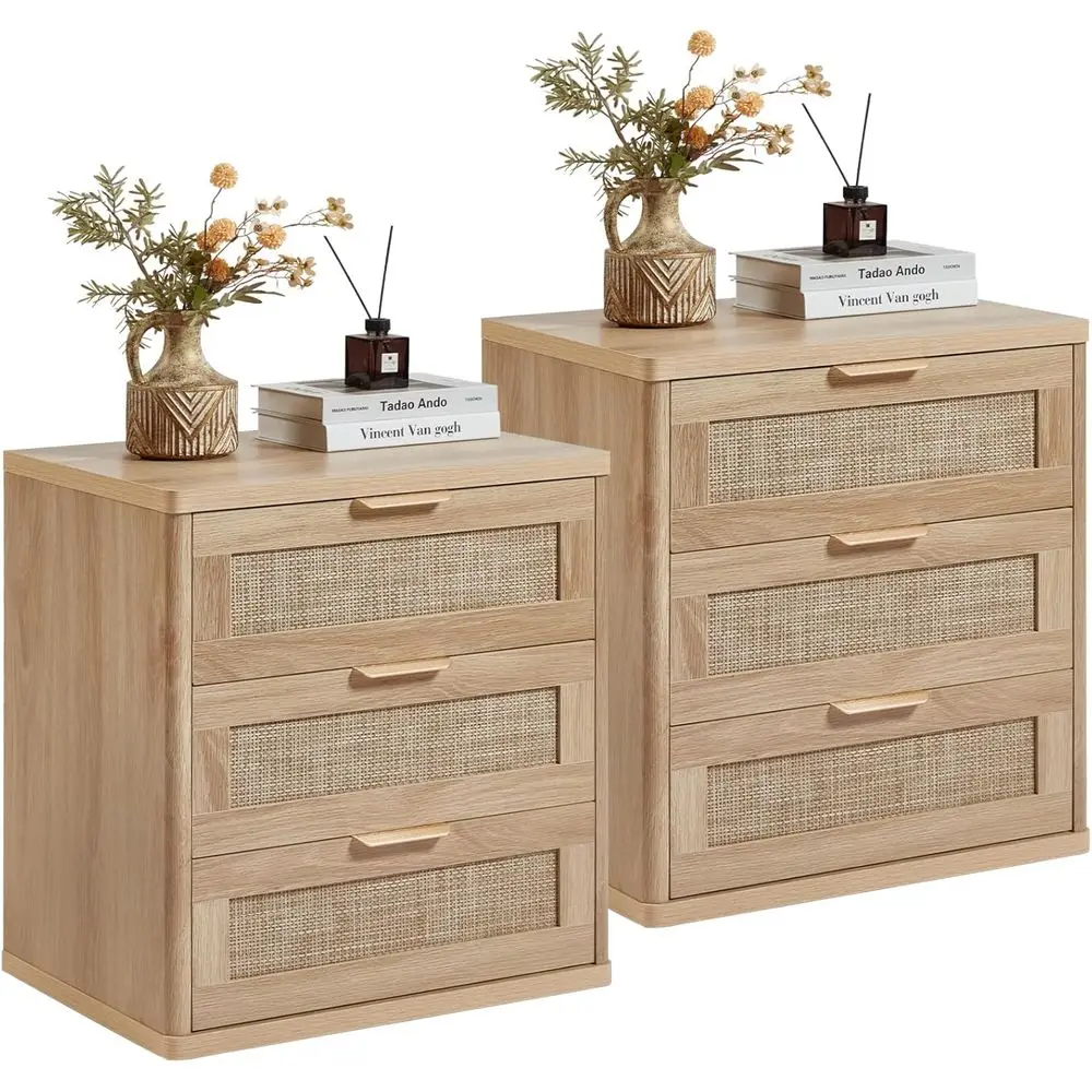 

Rattan Night Stand Set o 2 with Ders, 23" Large 3 Der Boho Nightstand, Natural Wood Bede Table Storage Cabinet, Bed Side End Tab