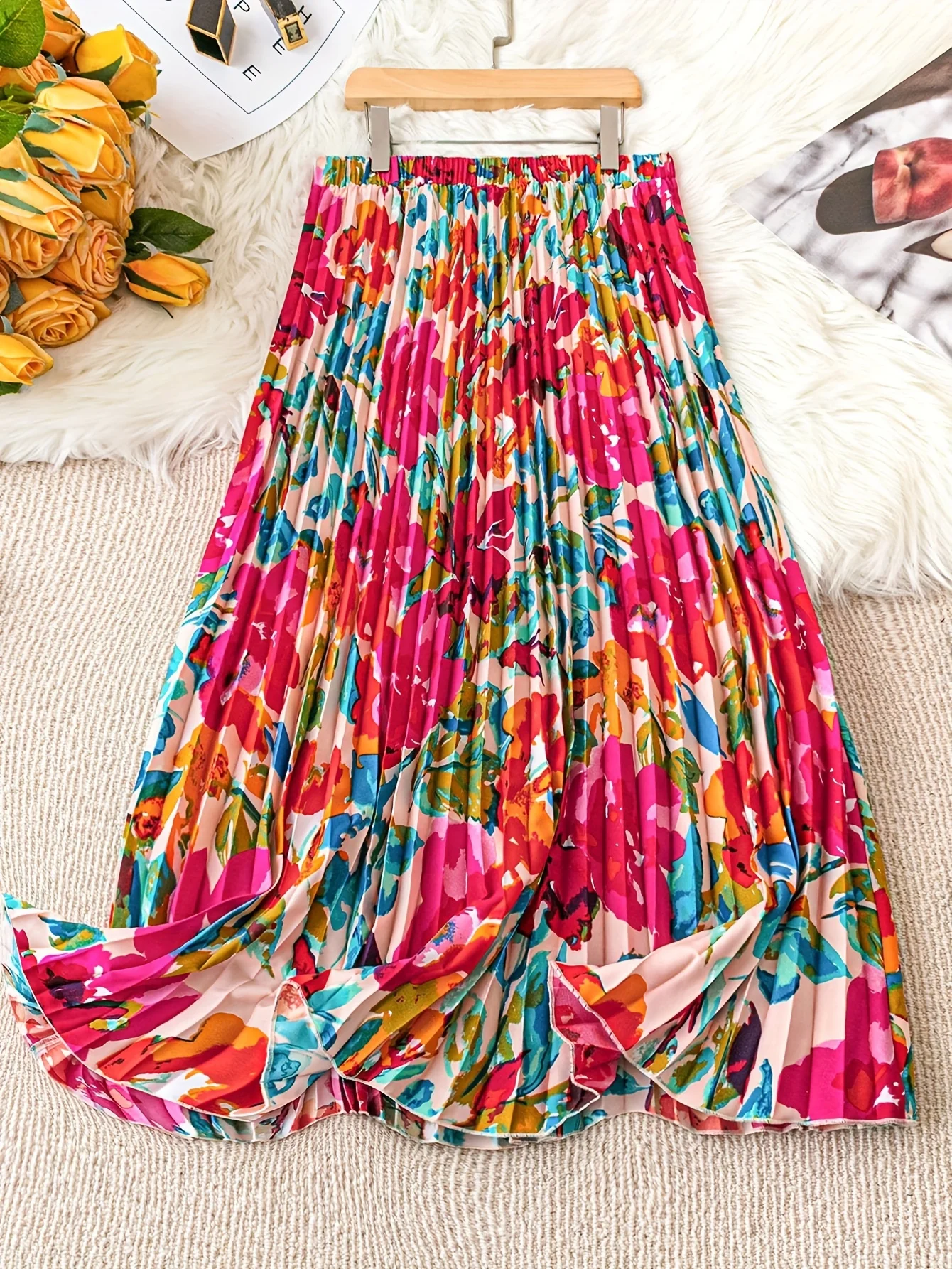 Spring Summer Women\'s Elegant Floral Print Long Skirts Casual High Waist Party Slim A-line Pleated Skirt