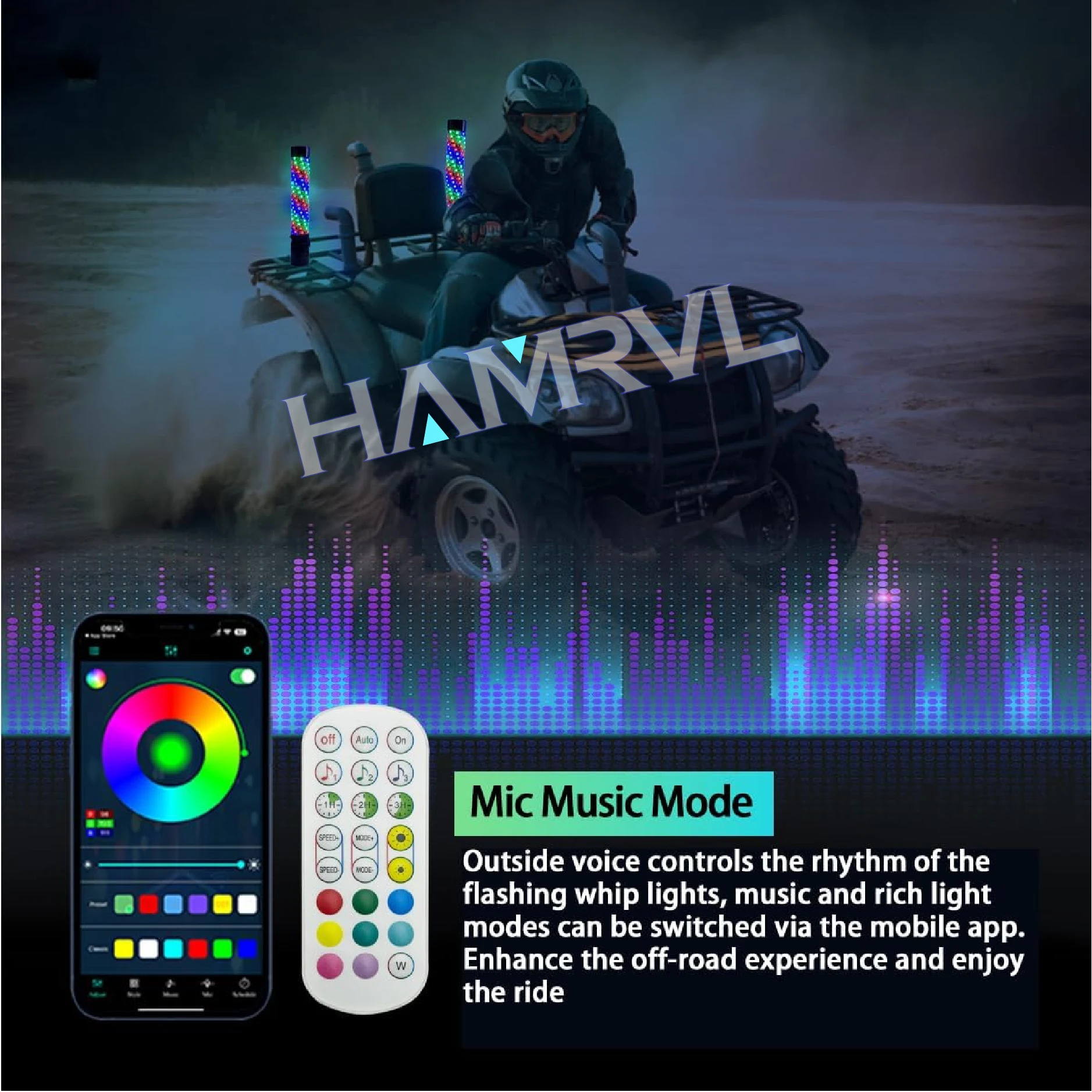 1/2pcs Spiral RGB LED Fat Whip Light Music Adjustable speed dimming Sound Activated Chasing Whip Lights for RZR UTV ATV Off Road