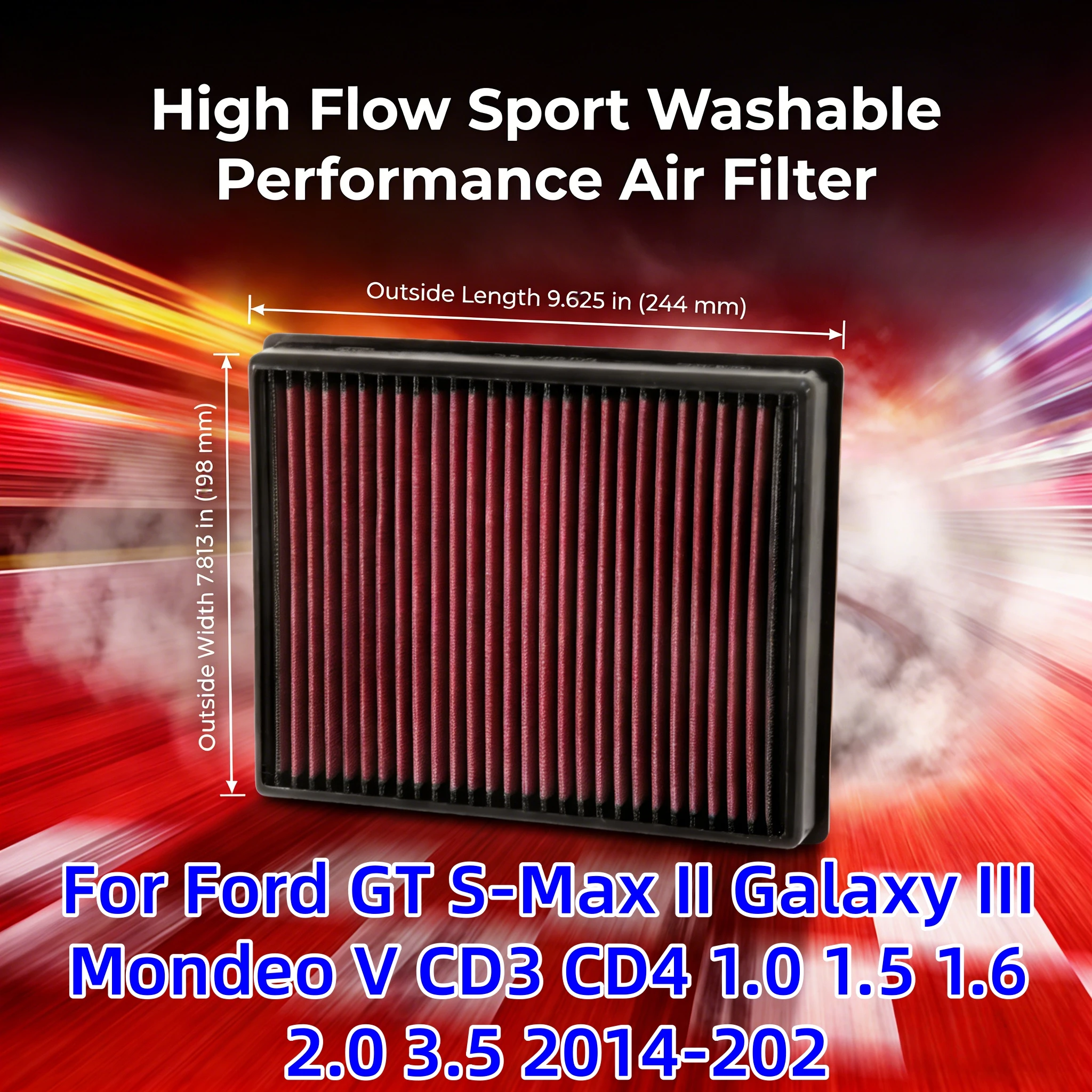 

For Ford GT S-Max II Galaxy III Mondeo V CD3 CD4 1.0 1.5 1.6 2.0 3.5 2014-2021 High Flow Sport Washable Performance Air Filter