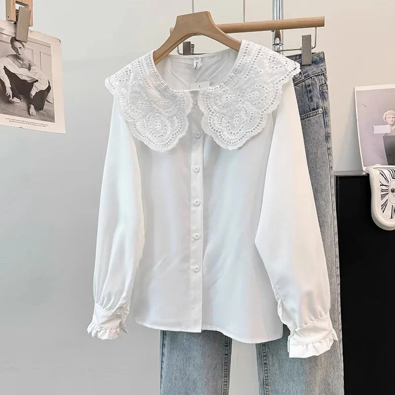 Korejpaa Lace Peter Pan Collar White Shirt Female Spring Autumn 2024 New French Temperament Joker Bottoming Shirts Womens Tops