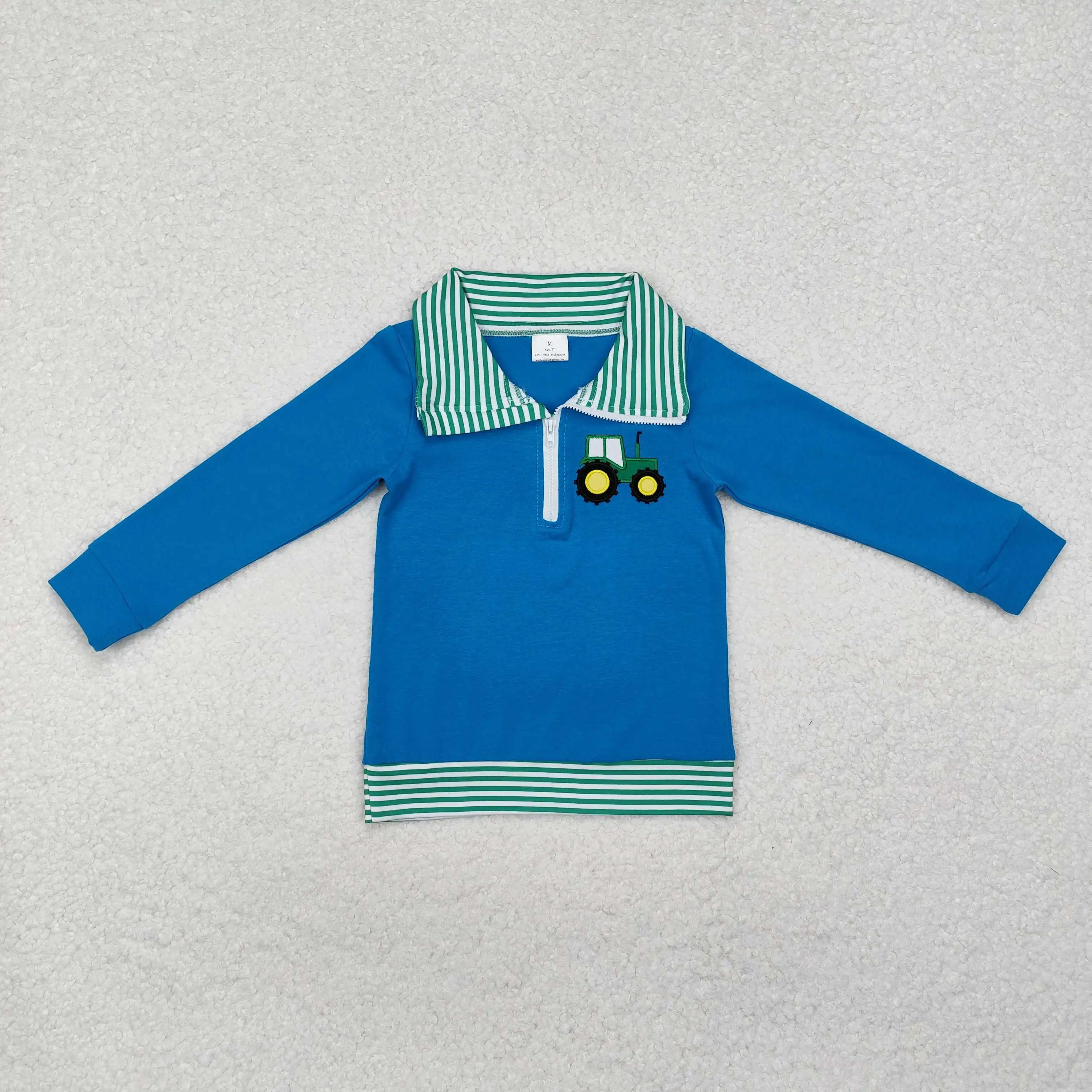 

In Stock New Baby Boy Blue Top Wholesale Boutique Hot Selling Embroidered Tractor Stripe Boys Zipper Shirt