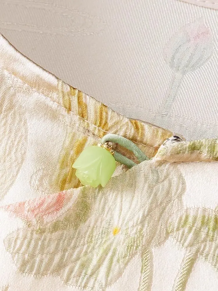 بلوزات جاكار من الحرير الساتان للنساء قمصان فضفاضة بأكمام طويلة مطرزة على الطراز الصيني العتيق بلوزة شيونغسام