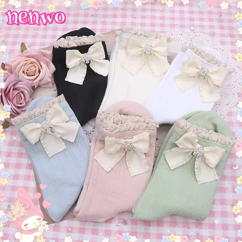 

Носки ручной работы Sweet Lolita JK Bow Middle Tube для женщин Носки с милым галстуком Белые носки Y2K Вечернее платье Дизайнерские носки