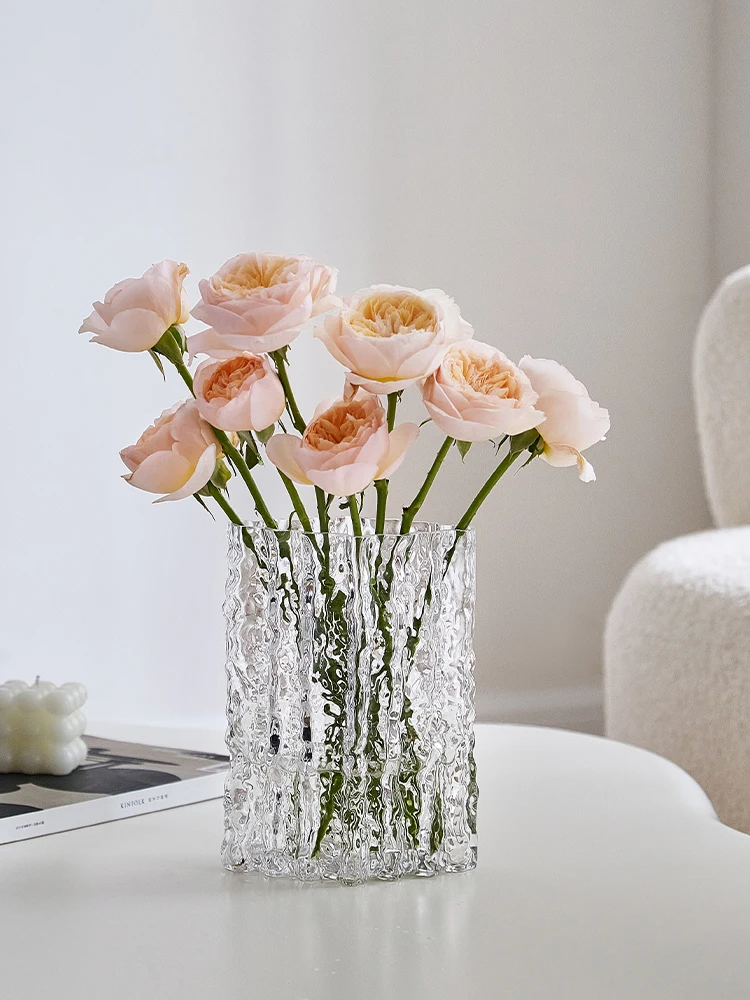 Modern Simple Light Luxury Living Room Flowers Exquisite Transparent Water Raised Glass Decoration Senior Sense Glacier Vases