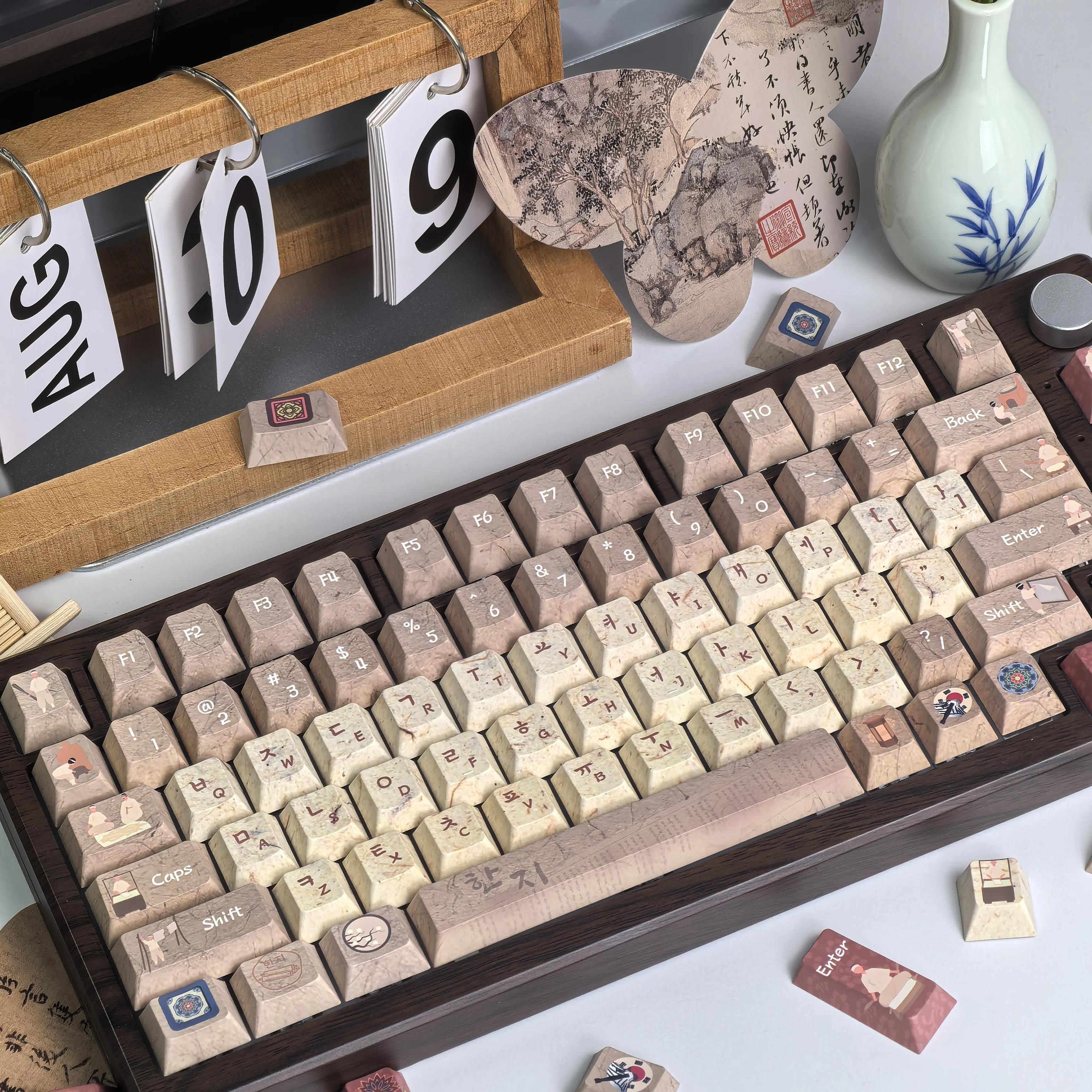 

Retro Korean Keycap Korean Papermaking Theme 136 Keys Cherry Old Style L-Shaped Enter Key Ansi/Iso Layout Aula Gray-Brown Keycap