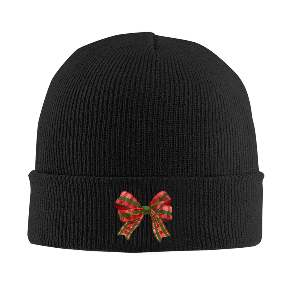 1pc Red Golden Bow Christmas Beanie Hat Unisex Windproof Warm Winter Ski Cap with Ribbon Bow Slight Stretch for Men Women