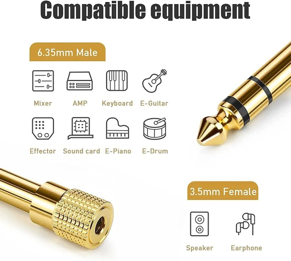 純銅ステレオオーディオアダプタープラグ、金メッキ、ヘッドフォンジャック、オスからメス、6.35mm、1/4インチ、3.5mm、1/8インチ、4個、8個、12個50個