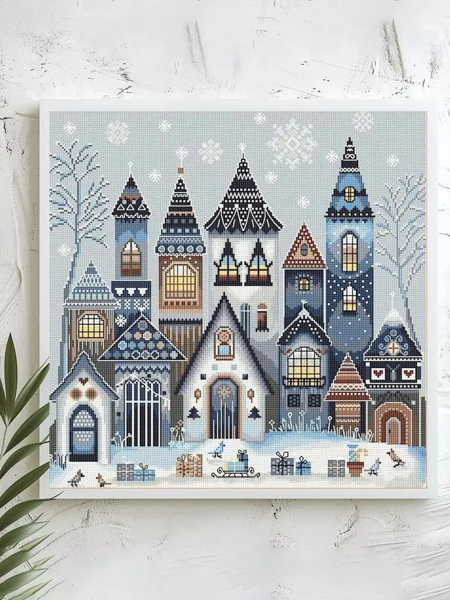 1 Stück 40x40 cm/15,74 Zoll, 11Ct/14Ct Kreuzstich-Set, DIY Valentinstagsgeschenk, Stickerei-Set für Festivals, Weihnachten, verschneite Stadt – Detail 1