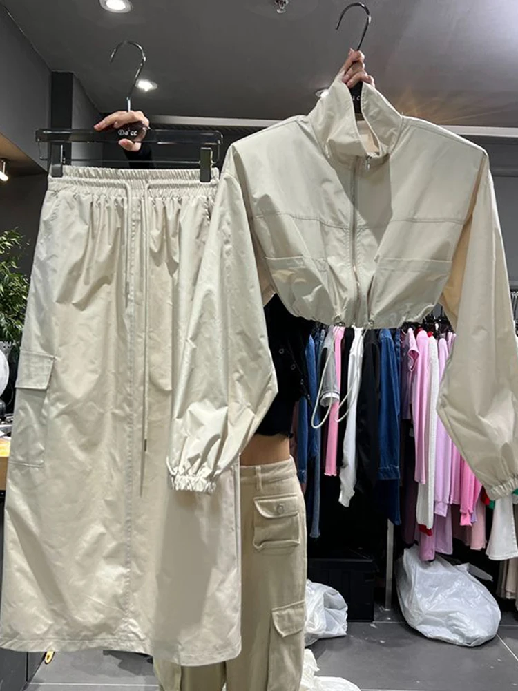 Spicy Girl Sunscreen Sports Set Women's Spring High Waist Drawstring Coat+Half Skirt Short Skirt  coats