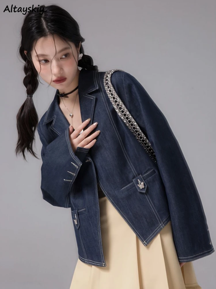 

Jackets Women Vintage Ulzzang Gentle Fashion Denim Washed Designed Preppy Style Chic Notched Outerwear All-match Harajuku Autumn