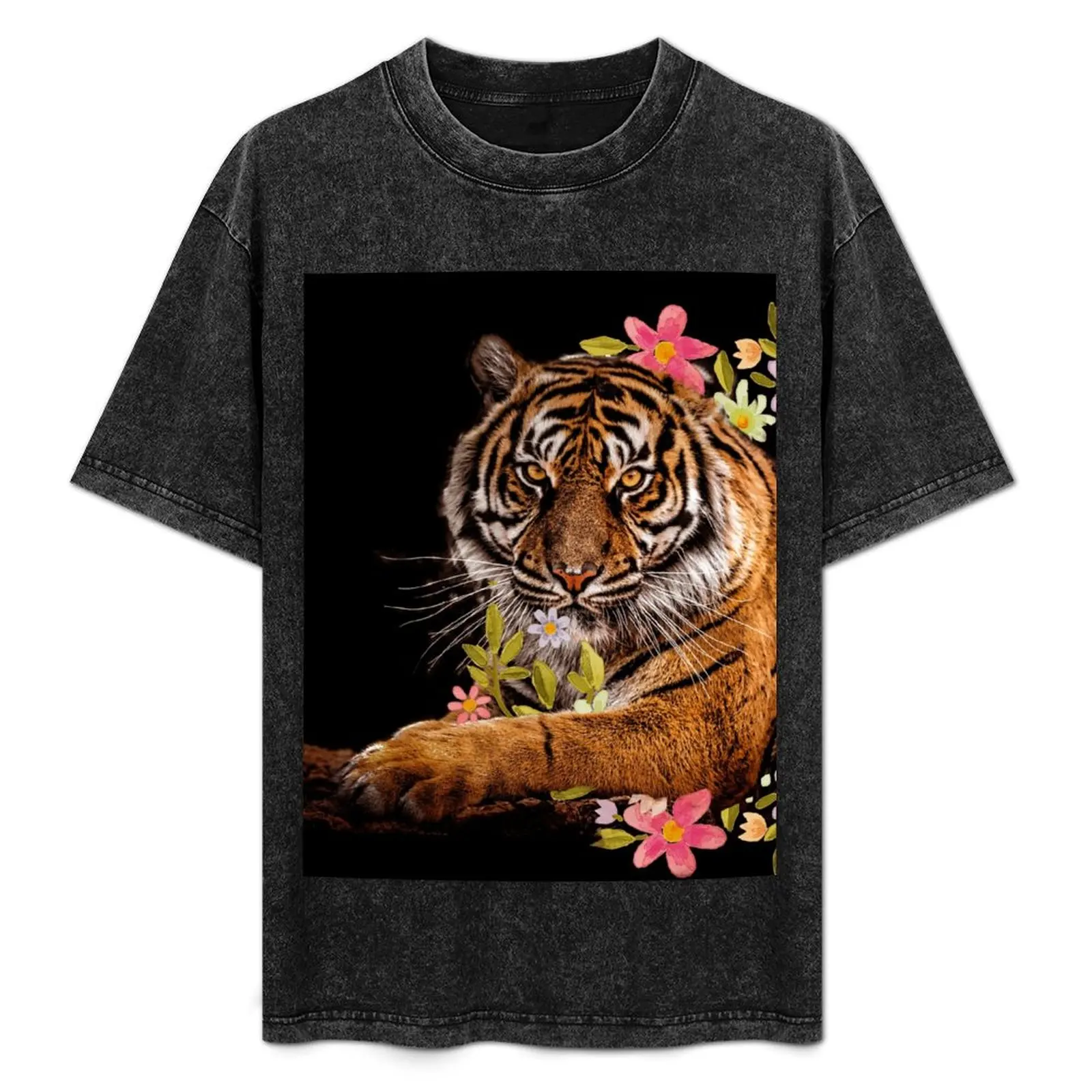 

Fierce Bengal tiger seated in a ring of pink and purple beautiful flowers T-Shirt shirts graphic T-shirt men