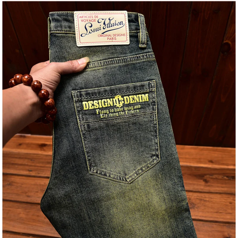 

Мужские джинсы премиум-класса в американском ретро-стиле, модные, с эффектом потертости, принтом, зауженные, с узким низом, эластичные, длинные брюки.