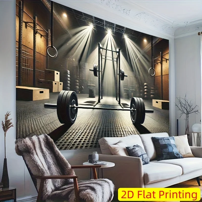 Gym Tapestry - Powerlifting Barbell Wall Art, Fitness Motivation Decor, Industrial Style Hanging, Polyester, Multiple Sizes
