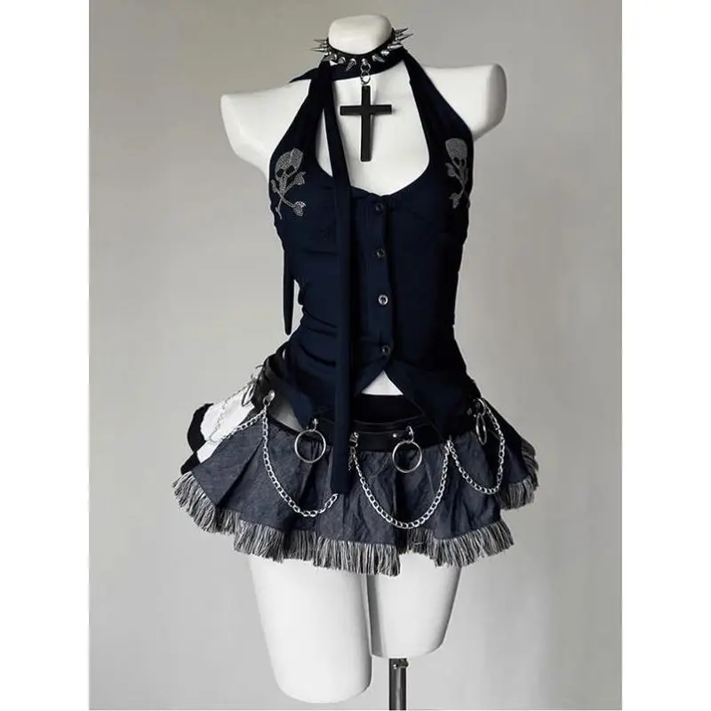 Bla Skeleton Desain Glitter Rompi Atasan Gantung Manis dan Pedas Y2K Vintage Sle Faion Set Pakaian Wanita