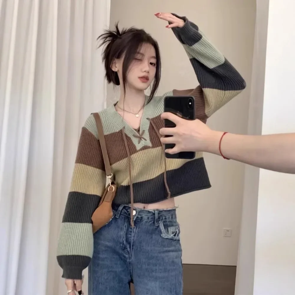 

Женский осенне-зимний утягивающий короткий свитер, внутренняя одежда, полиэстер, ретро цветная полосатая рубашка с v-образным вырезом, трикотажная базовая рубашка
