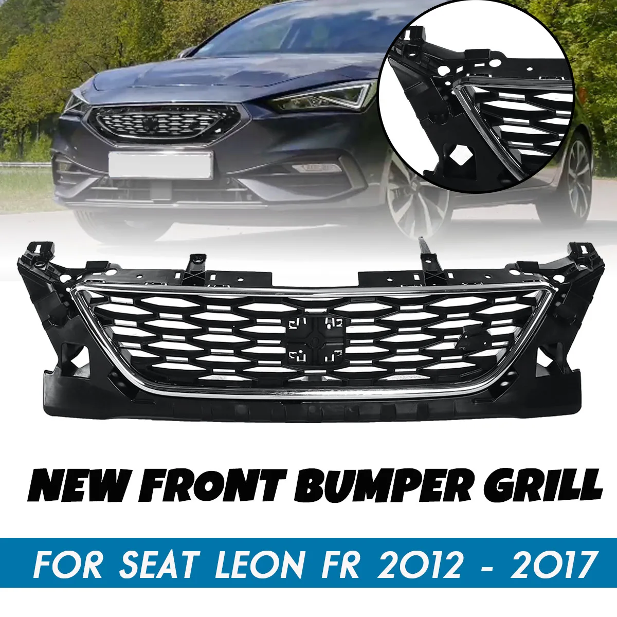 

Auto Upper Centre Front Bumper Main Grille Chrome Moulding Black For Seat Leon FR 2012 2013 2014 2015 2016 2017 5F0853654D