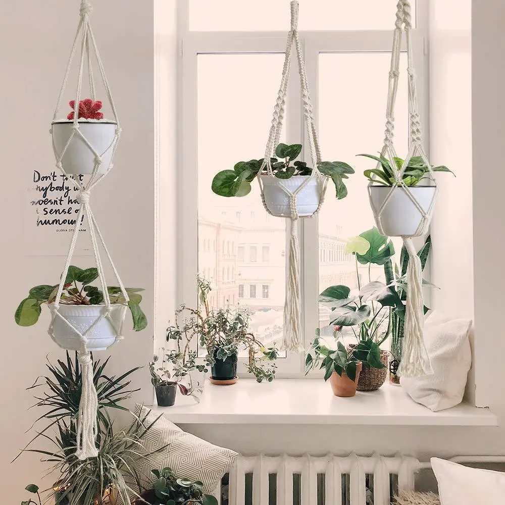 Gardening Green Plant Hanging Basket Cotton Rope Hanger Flower Pot Handmade Macrame Pot Pocket Wall Boho Courtyard Home Decor