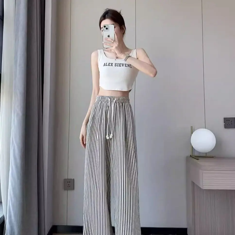 Dames casual zwart gestreept geweven wijde pijpen broek casual stijlvolle volledige lengte broek Y2K kleding streetwear herfst