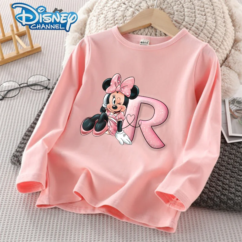 Disney Minnie Long Sleeves Anime Figure Tops Printed A-Z Letters T-shirts Round Neck Shirts Children Print Girls Fashion Clothes