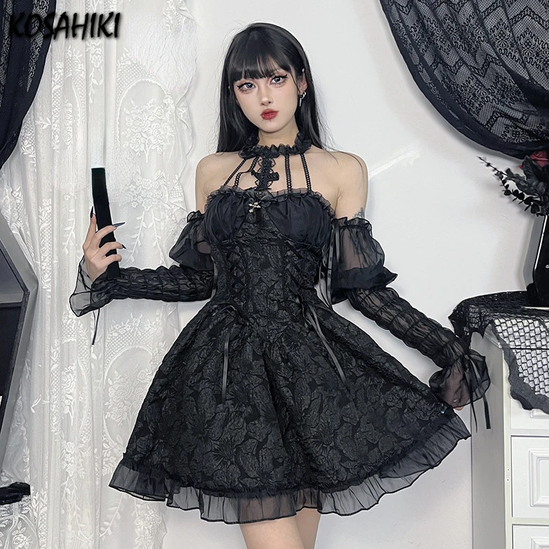 Fairy Gothic Printing Backless Harajuku Dress Women Vintage Patchwork Lace Dresses Y2k Aesthetic Halter Party Midi Vestidos 2024