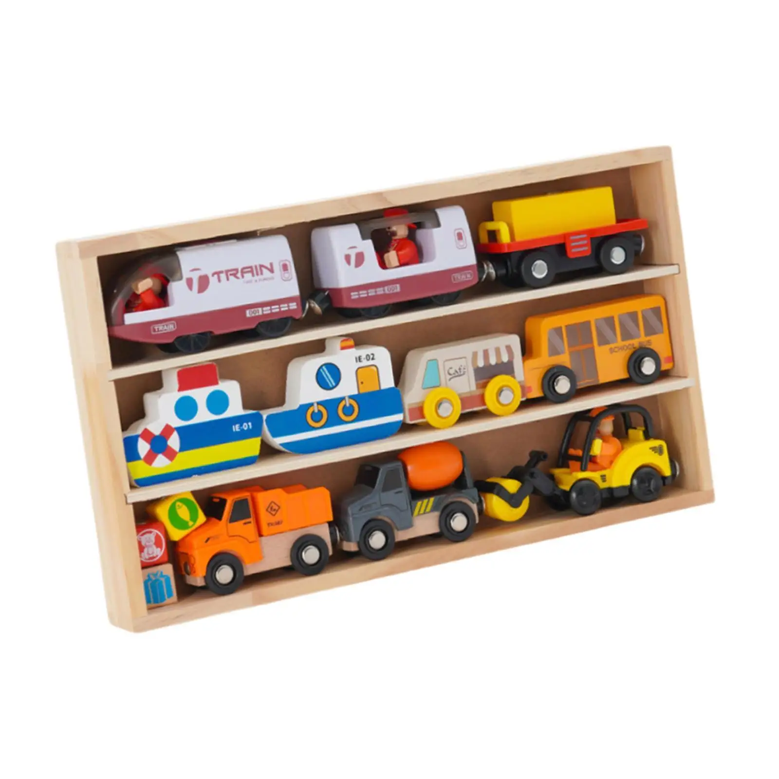 Wooden Train Set Building Blocks Stacking Cars Toy for Boys Girls Kids Age 4 5 6 7 Educational Interactive Playset with Storage