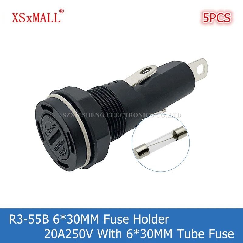 5PCS R3-55B 6*30MM Fuse Holder 20A250V Panel Mounting High Temperature Resistance Fuse Base With 6*30MM Tube Fuse