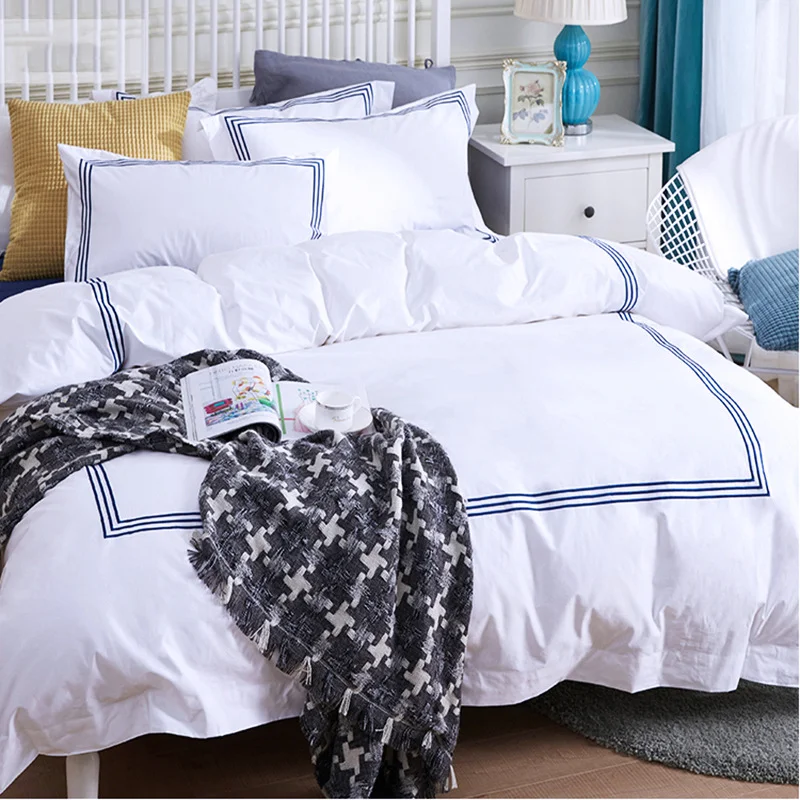 luxury  bedding set white  fitted  bed sheets hotel  quality 100% cotton Embroidery Duvet Comforter Cover Sets