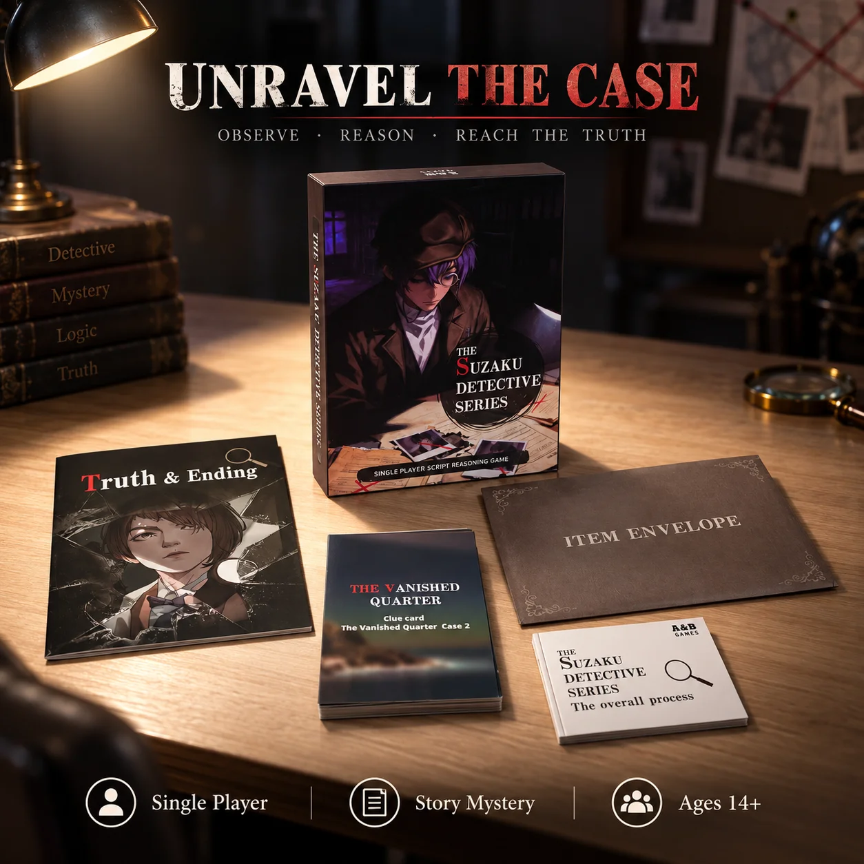 Suzaku Detective Murder Mystery Case Files, 3 Connected Cases, Evidence Cards, Whodunit Logic Puzzle, Game Night