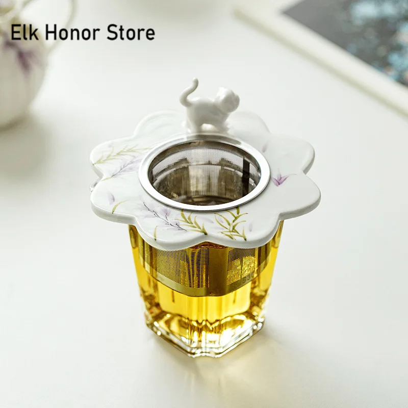 Pure Hand-painted Wisteria Flower Hanging Tea Strainer 304 Stainless Steel Leakage Infuser Small Cat Mouth Leaf Filter Diffuser