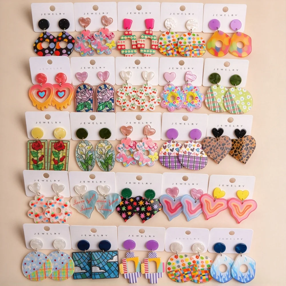 9/18/20Pairs Y2K Trendy Colorful Printed Acrylic Drop Earrings For Women Cute Heart Floral Geometric Mix Jewelry Party Holiday