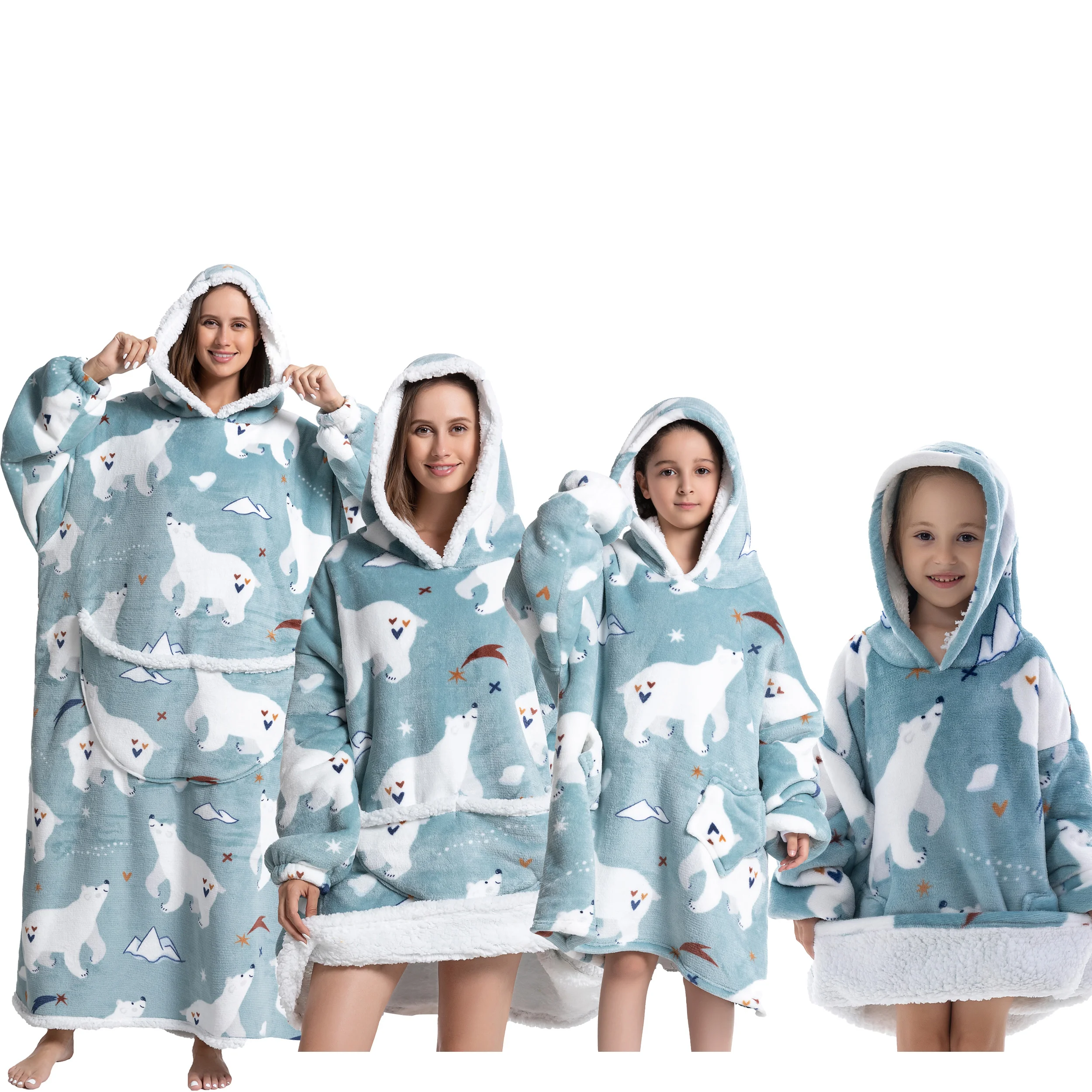 Oversized Wearale Blanket Hoodie Flannel Sherpa Fleece Warm Soft Winter Hoodie Sweatshirt for Kids Adults Snuggle Pullover