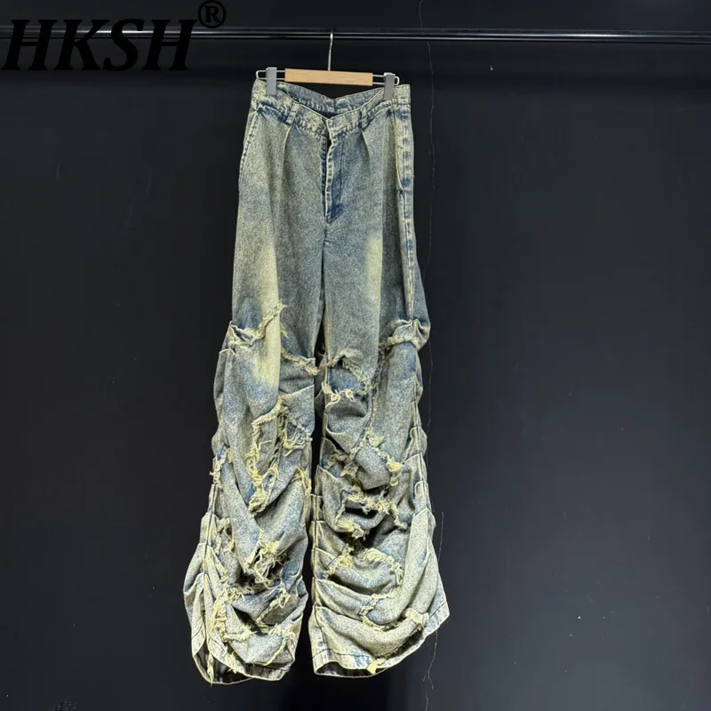 

HKSH Spring New Men's Tide Punk High Street Fashion Vintage Ripped Jeans Women Wide Leg Casual Denim Pants Chic Ins Vibe HK20471