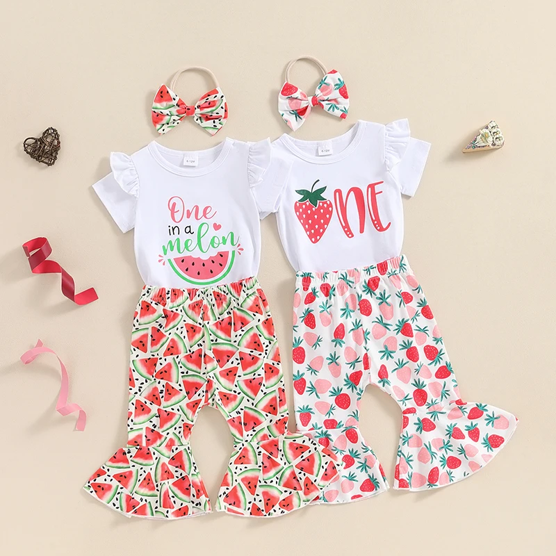 2024-03-29 Lioraitiin Baby Girls Birthday Outfits Short Sleeve Fruit Print Romper + Flare Pants + Headband Set Newborn Clothes