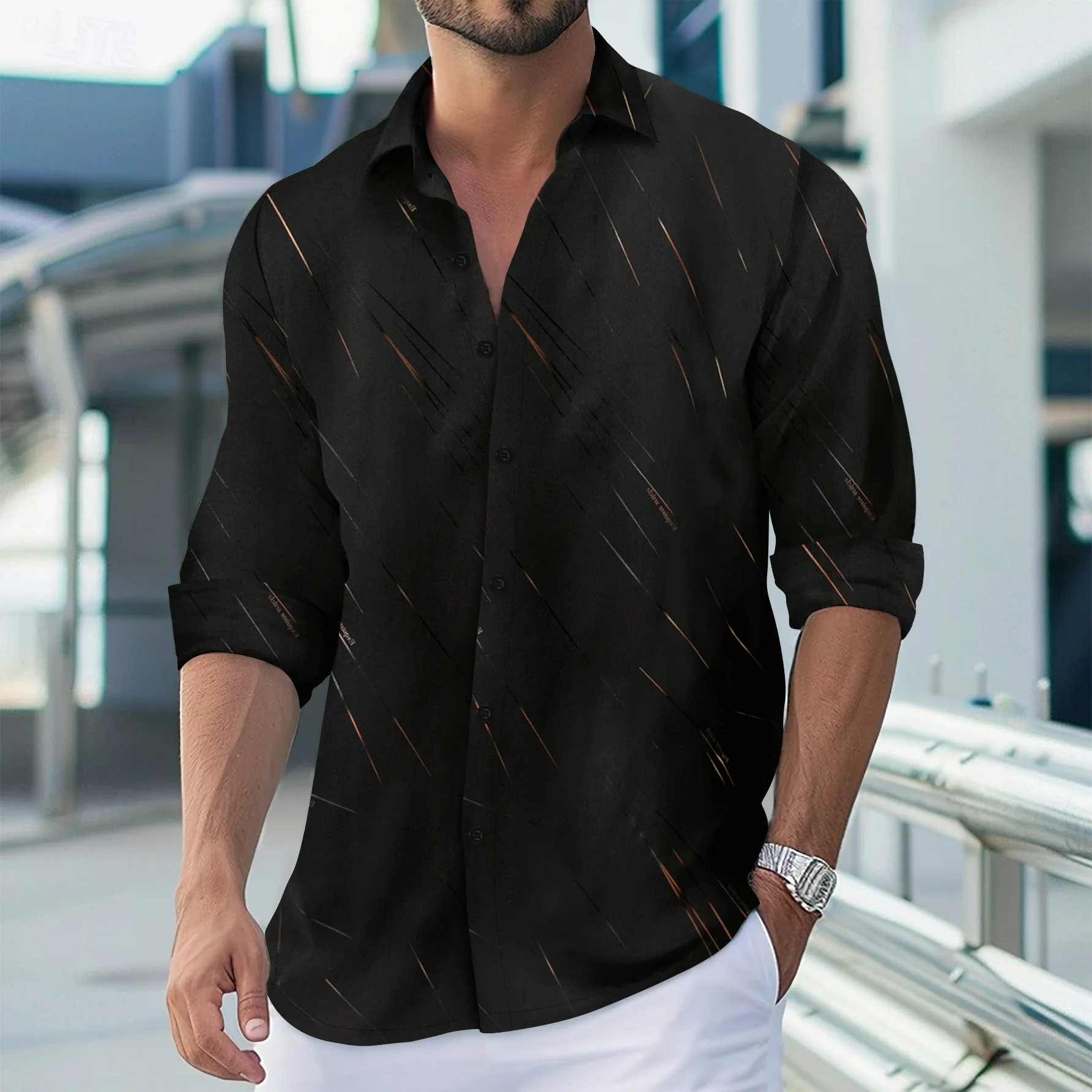 Explosive new design fashion slim men's lapel hot gold line print casual high street Hawaiian long sleeve shirt