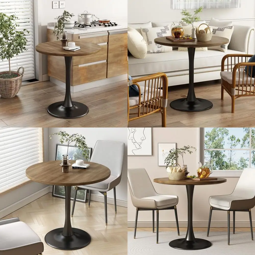 

31.5 Modern Tulip Dining Table - Thick Wood Tabletop & Metal Base for Kitchen or Living Room, Sombre Walnut