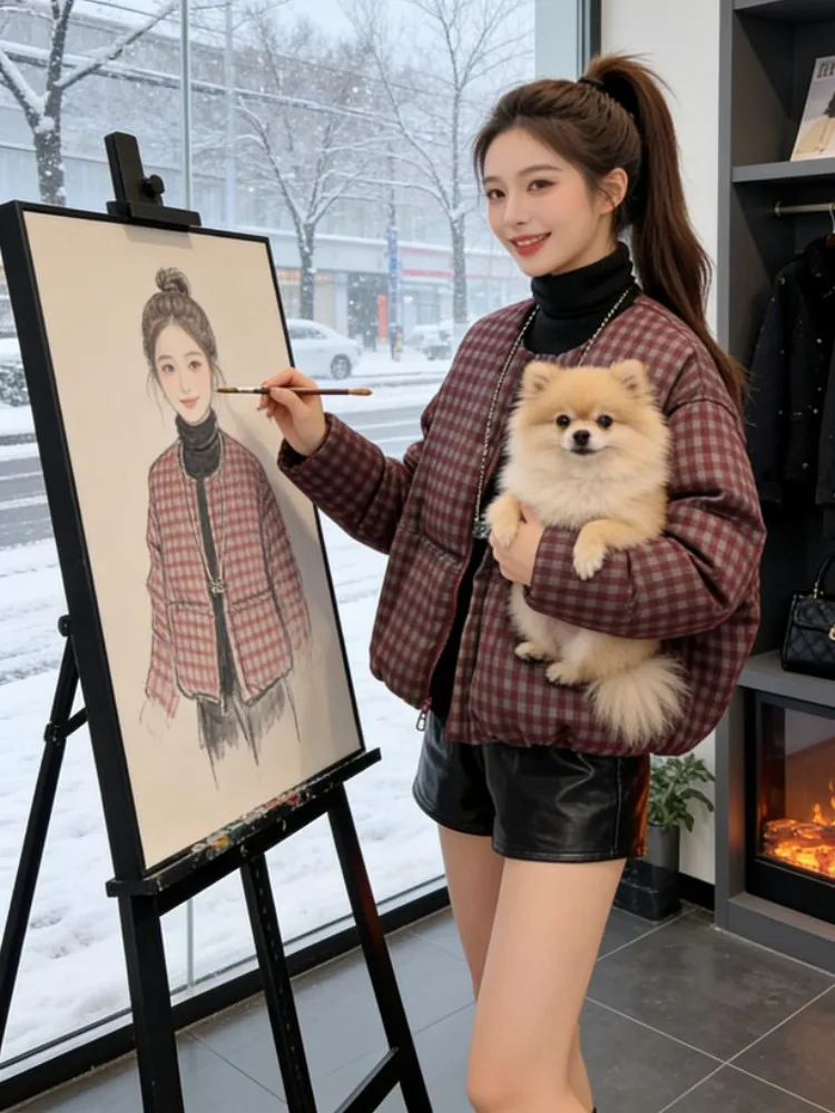 

Red Plaid ort down Cotton Jaet Women's Autumn Winter Loose Versatile Warm Cotton Coat Outerwear Korean Sle Commute