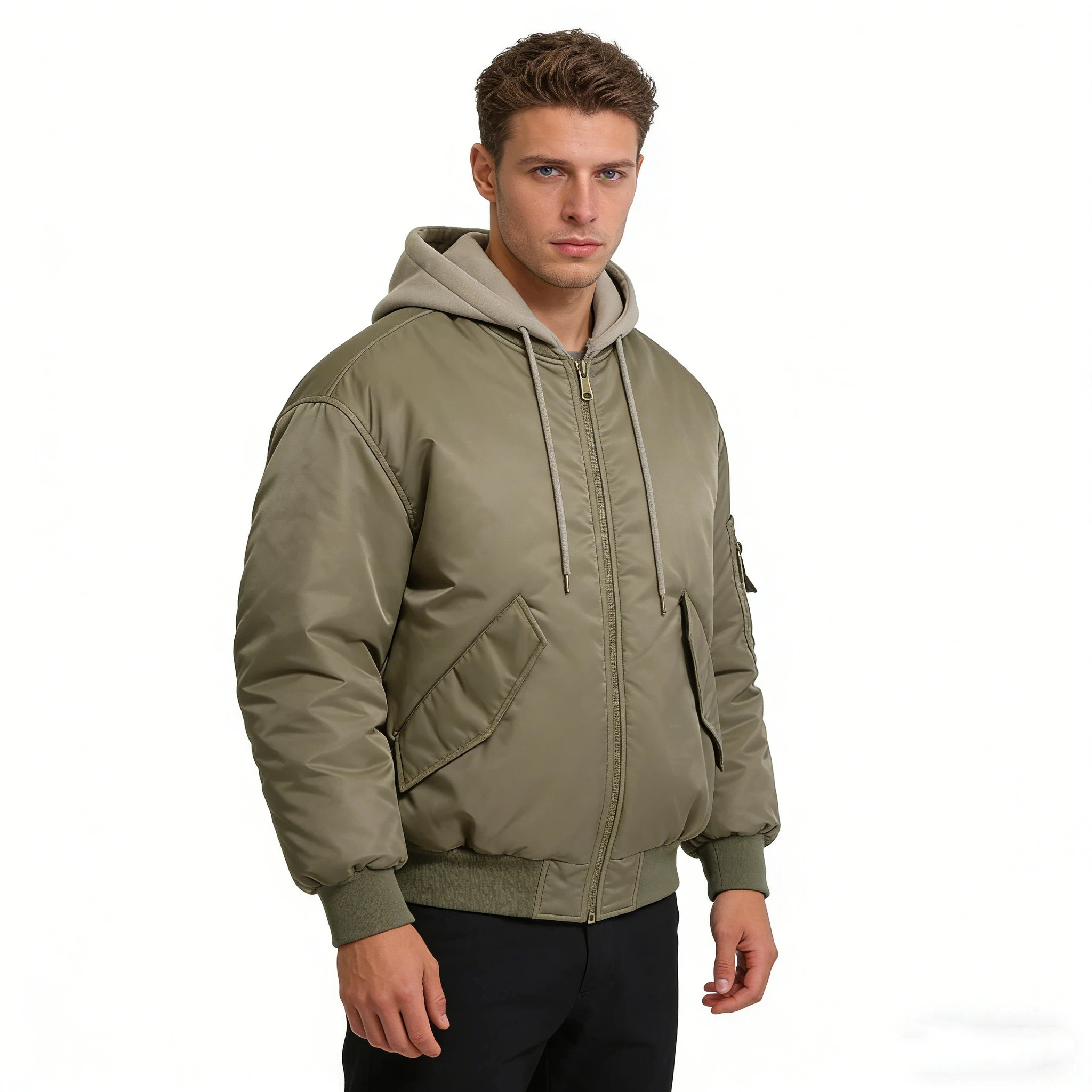 

Mens Fake Two Piece Pilot Cotton Jacket Winter Thick Hooded Bumper Coat Multi Pocket Short Parka Streetwear Men's winter coat