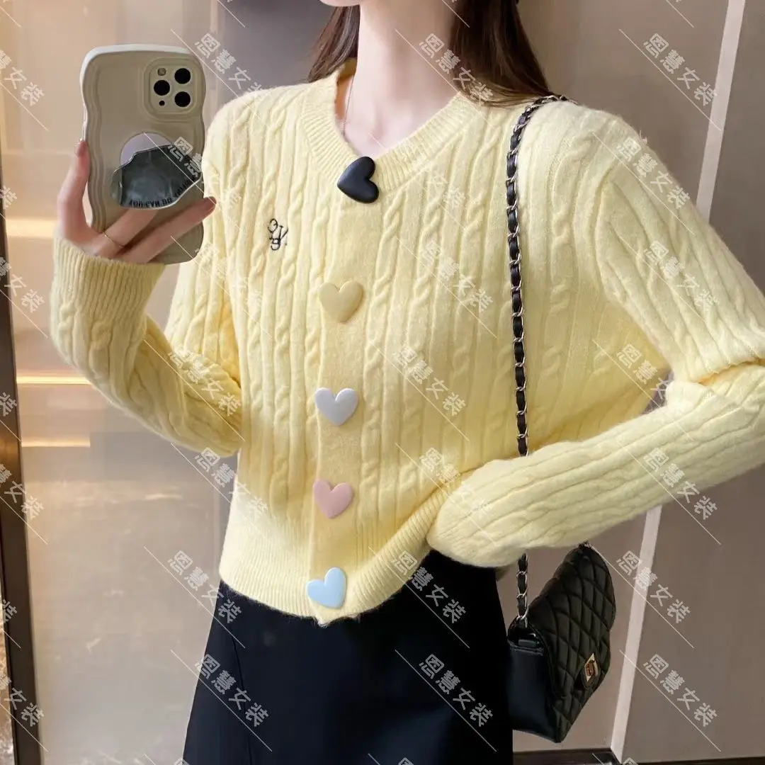 

2024, весенне-осенний вязаный кардиган с круглым вырезом и вышивкой, новый короткий свитер с длинными рукавами для женщин