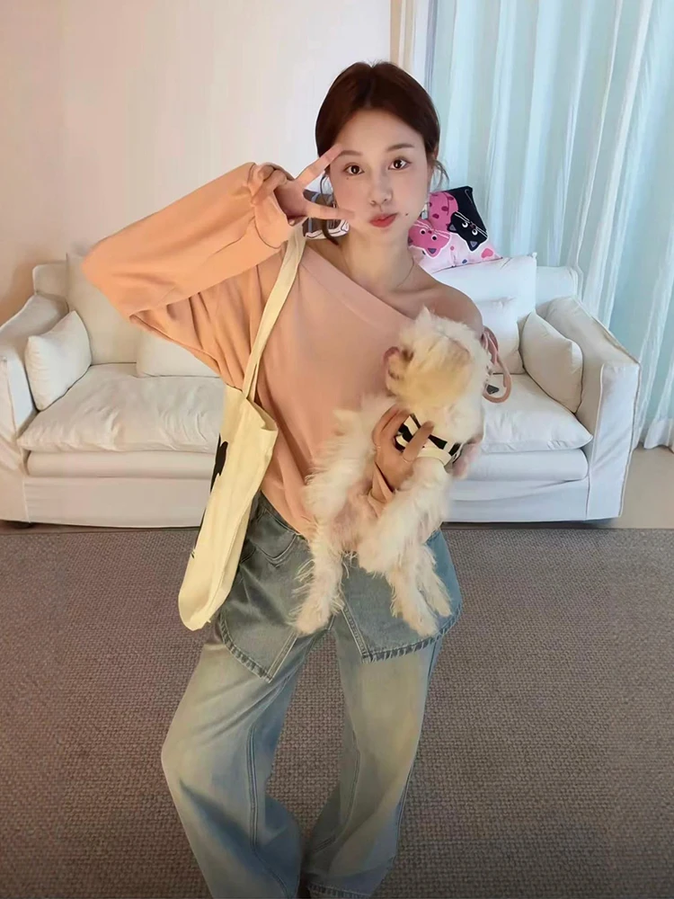 

Early Autumn Fashion plus Size Pink Knitted off Shoulder Top And High Waist Jeans Set Women's Luxury Style Casual Wear