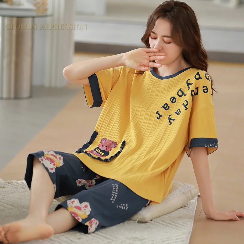 Summer Cartoon Bear Womens Pajama Sets Ladies Female Nightwear Casual Pyjama Capris Pants Yellow Sleepwear Suits Home Clothing