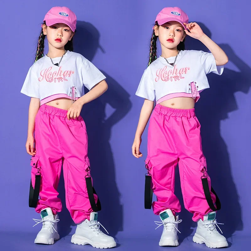 Hip Hop Girls Plaid Hoodies Pink Cargo Pants Kids Crop Top Joggers Street Dance Clothes Set Child Jazz Streetwear Stage Costumes