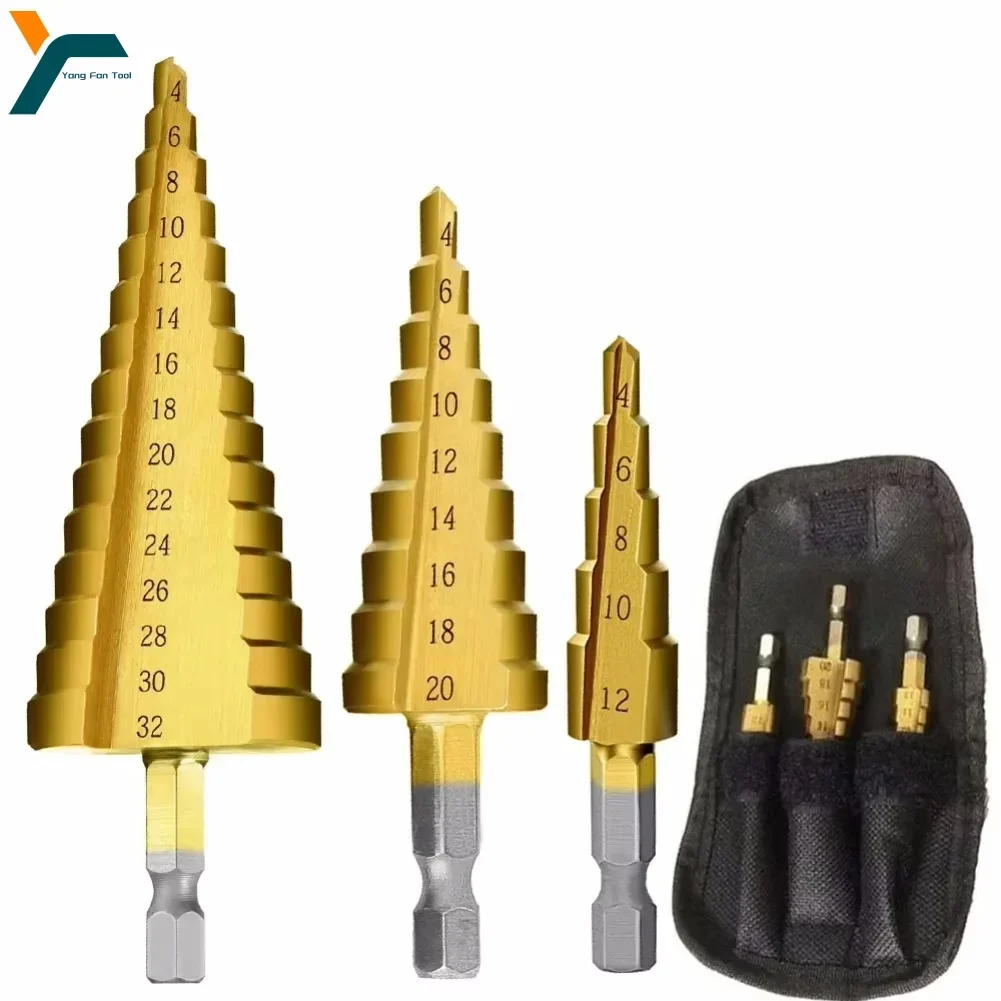 

3 шт. ступенчатое сверло 4-12 4-20 4-32 шестигранная пила с прямой канавкой, сверло с титановым покрытием, фреза с металлическим сердечником, инструмент для открытия отверстий