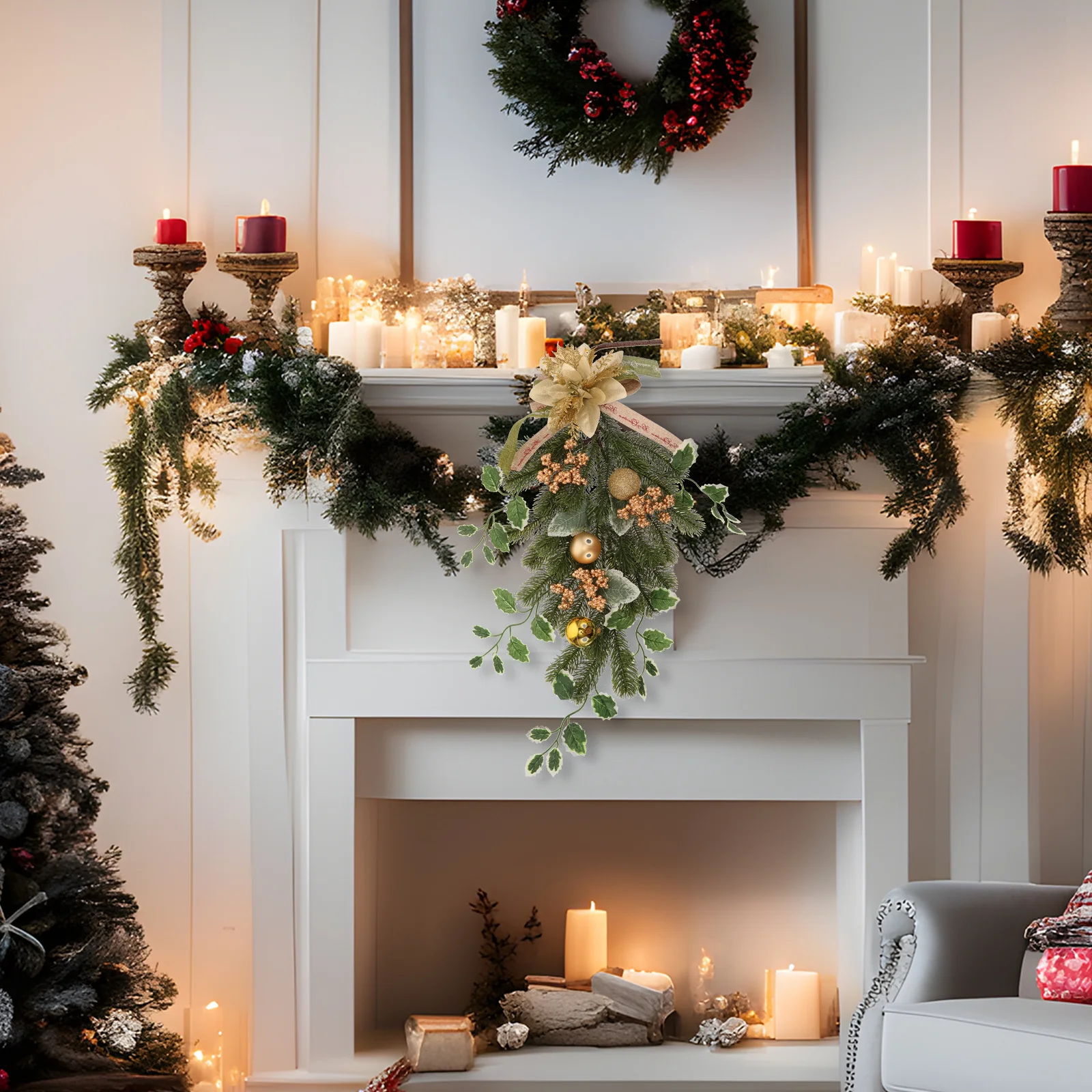 

Golden Christmas Flower Hanging Tree Teardrop Wreath For Holiday Party Home Decor Xmas Door Wall Hanging Garland