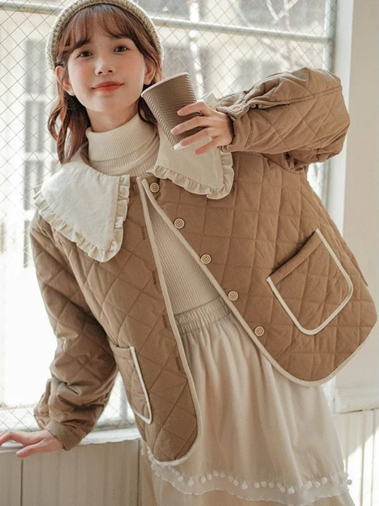 Vintage Cotton Padded Jacket Women Japanese Ruffled Peter Pan Collar Lolita Parka Winter Warm Tops Patchwork Quilted Coat