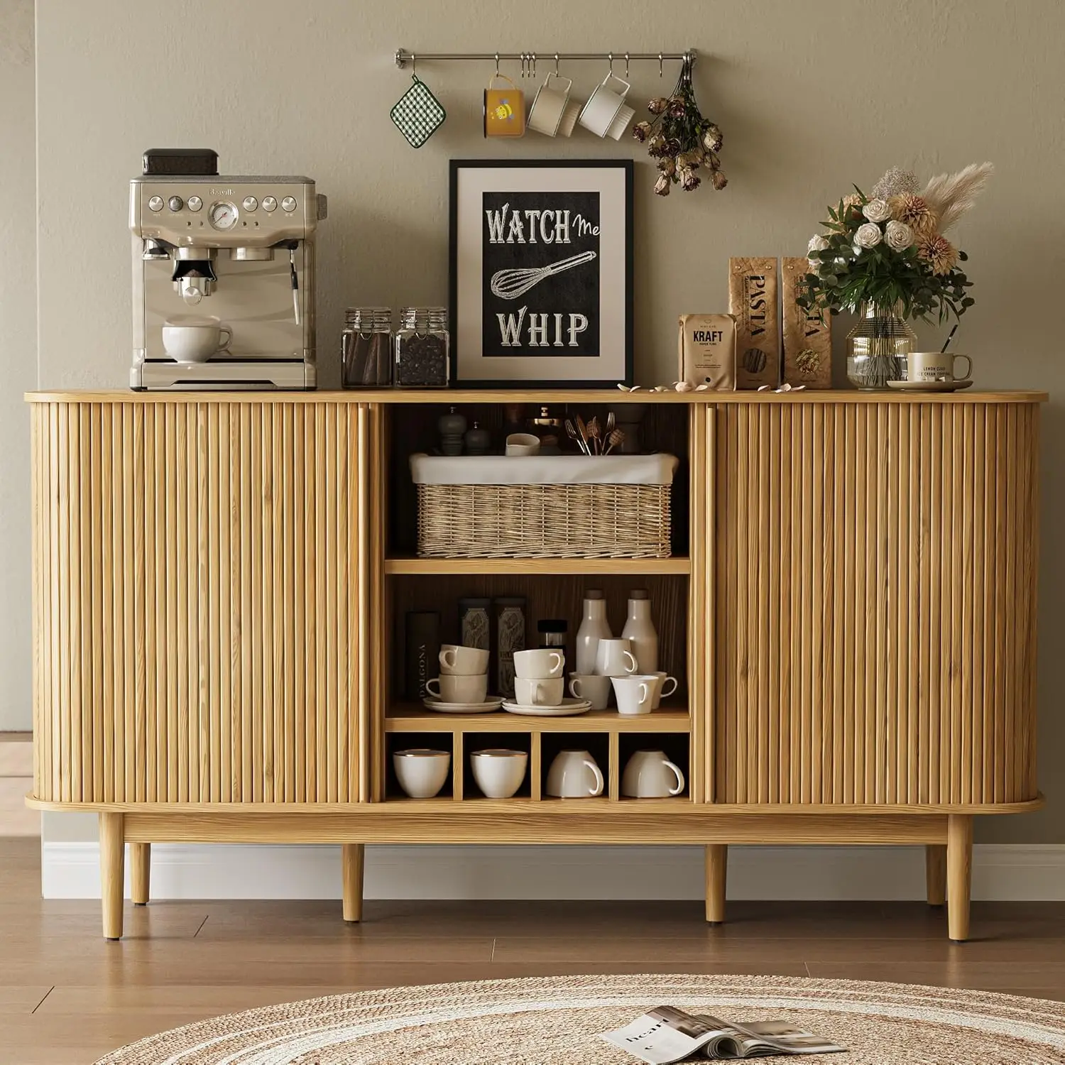 

59 inch Coffee Bar Cabinet with Fluted Tambour Doors Wine Storage Shelves Living Room Kitchen Entryway Natural, Customized