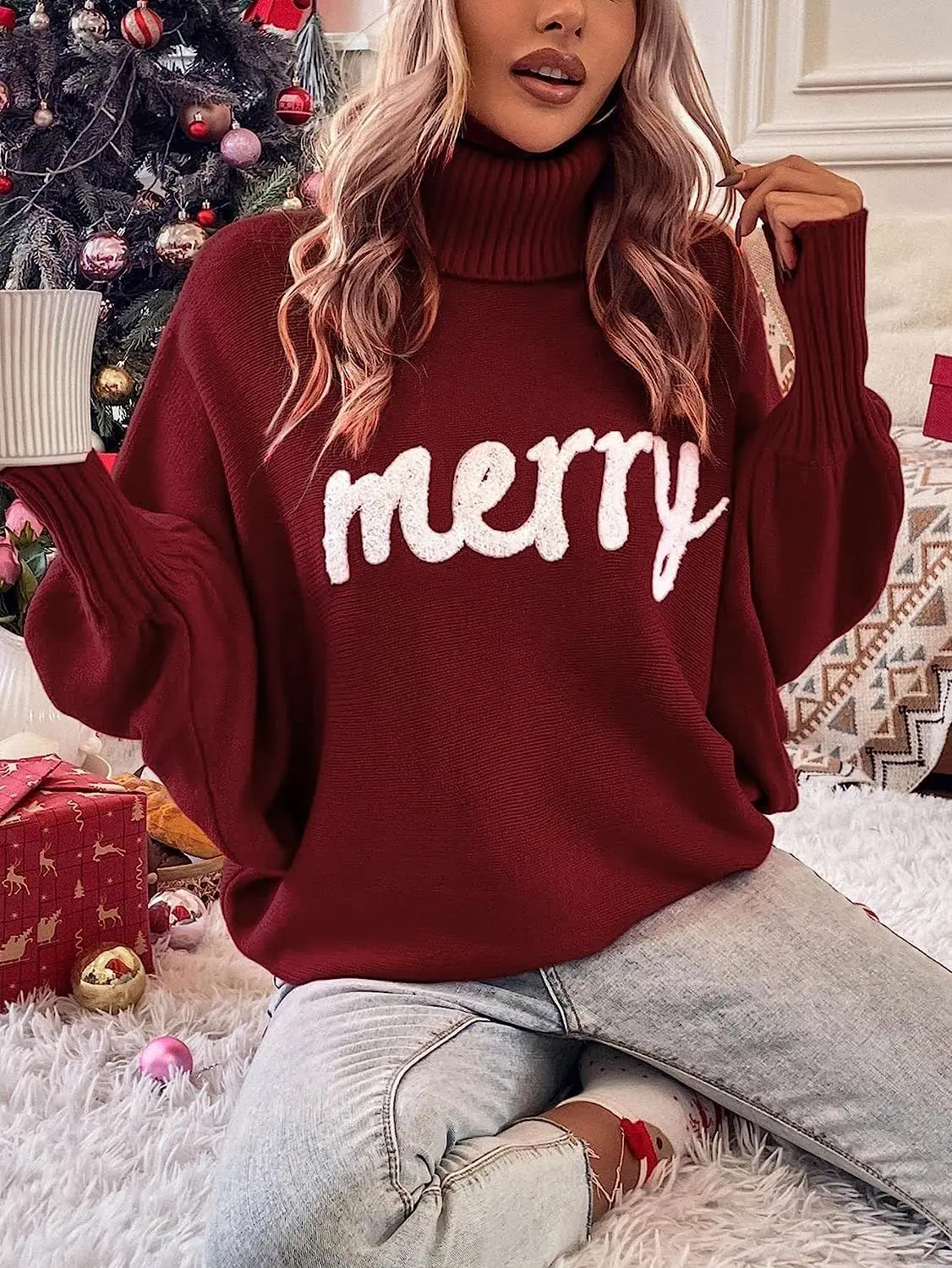 Women\'s Turtleneck Loose Pullover Women\'s Elegant Winter Warmth Spring New Year Fashion Christmas Sweater