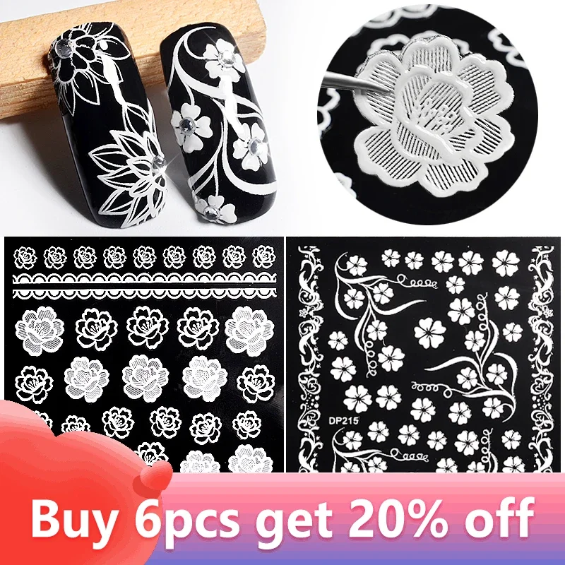 

3D White Rose Flower Nail Art Adhesive Stickers Lace Strip Slider Design Nail Art Accessories for DIY Manicure